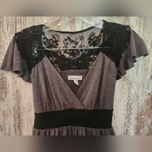 Speechless Charcoal and Ebony Lace Dress Split Flutter Sleeves Waist Tie Bow